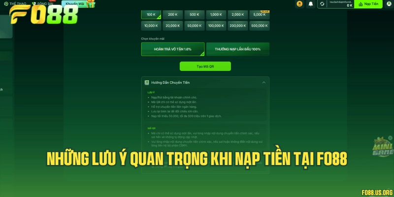 Những lưu ý quan trọng khi nạp tiền tại Fo88